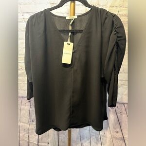 Anthropologie Pleione Ruched Long Sleeve Black Blouse NWT